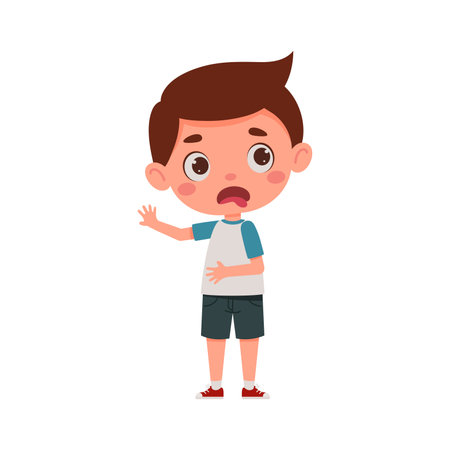 Cute little kid boy feeling disgusted. Cartoon schoolboy character show facial expression. Vector illustrationのイラスト素材