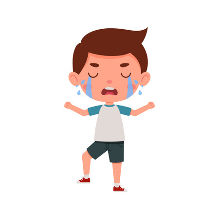 Cute little kid boy cry. Cartoon schoolboy character show facial expression. Vector illustrationのイラスト素材