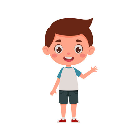 Cute cartoon little boy waving his hand. Little schoolboy character. Vector illustrationのイラスト素材