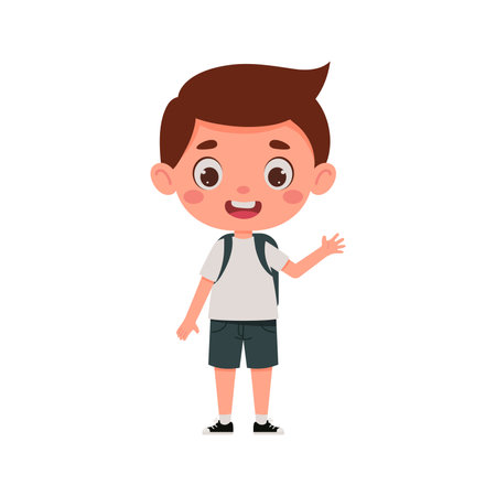 Cute cartoon little boy with the backpack waving his hand hello. Little schoolboy character. Vector illustrationのイラスト素材
