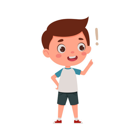 Cute little kid boy with great idea. Cartoon schoolboy character show facial expression. Vector illustrationのイラスト素材
