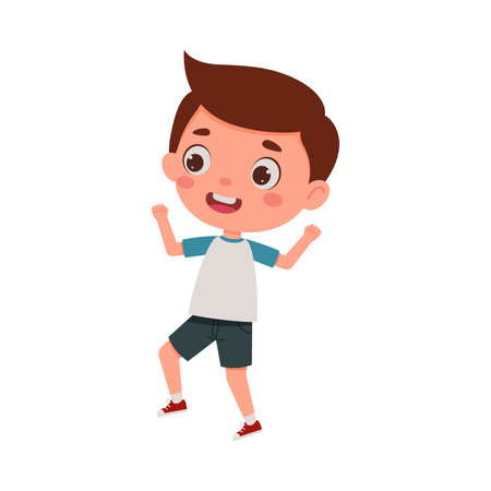 Cute little kid happy boy jump. Cartoon schoolboy character show facial expression. Vector illustrationのイラスト素材