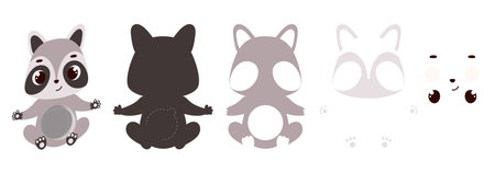 Cute raccoon candy ornament. Layered paper decoration treat holder for dome. Hanger for sweets, candy for birthday, baby shower, halloween, christmas. Print, cut out, glue. Vector illustrationのイラスト素材