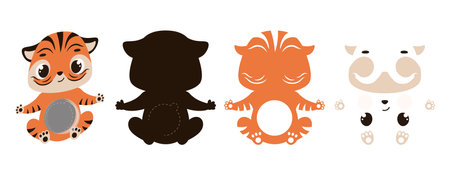 Cute tiger candy ornament. Layered paper decoration treat holder for dome. Hanger for sweets, candy for birthday, baby shower, halloween, christmas. Print, cut out, glue. Vector illustrationのイラスト素材