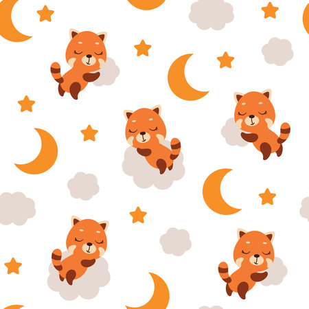 Cute little red panda sleeping on cloud seamless childish pattern. Funny cartoon animal character for fabric, wrapping, textile, wallpaper, apparel. vector illustration.のイラスト素材
