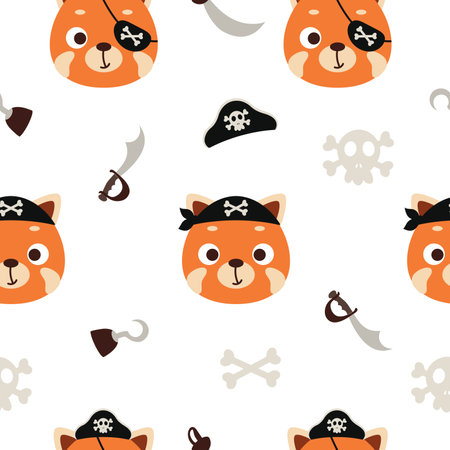 Cute little pirate red panda head seamless childish pattern. Funny cartoon animal character for fabric, wrapping, textile, wallpaper, apparel. vector illustration.のイラスト素材