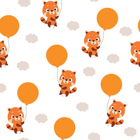 Cute little red panda flying on balloon seamless childish pattern. Funny cartoon animal character for fabric, wrapping, textile, wallpaper, apparel. vector illustration.のイラスト素材