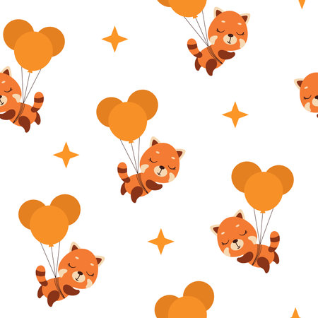 Cute little red panda flying on balloons seamless childish pattern. Funny cartoon animal character for fabric, wrapping, textile, wallpaper, apparel. vector illustration.のイラスト素材