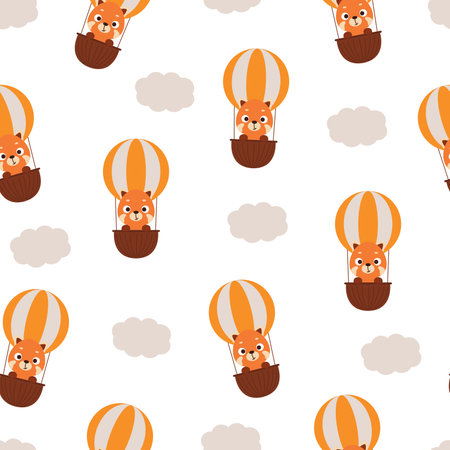 Cute little red panda flying on hot air balloon seamless childish pattern. Funny cartoon animal character for fabric, wrapping, textile, wallpaper, apparel. vector illustration.のイラスト素材