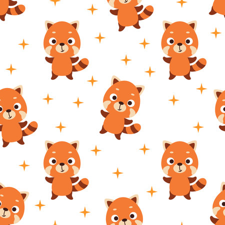 Cute little red panda seamless childish pattern. Funny cartoon animal character for fabric, wrapping, textile, wallpaper, apparel. vector illustration.のイラスト素材
