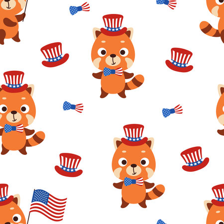 Cute little red panda in USA patriotic hat seamless childish pattern. Funny cartoon animal character for fabric, wrapping, textile, wallpaper, apparel. vector illustration.のイラスト素材