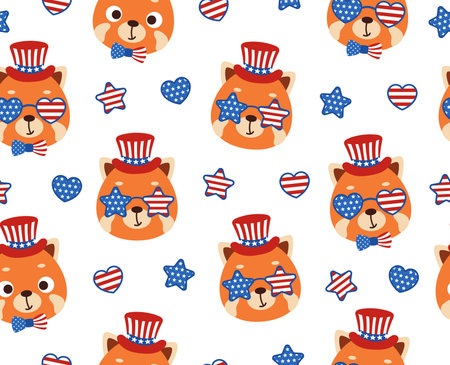 Cute little red panda head in USA patriotic hat seamless childish pattern. Funny cartoon animal character for fabric, wrapping, textile, wallpaper, apparel. vector illustration.のイラスト素材