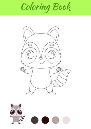 Coloring page happy raccoon. Coloring book for kids. Educational activity for preschool years kids and toddlers with cute animal. Vector stock illustration.のイラスト素材