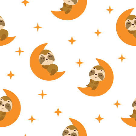 Cute little sloth sleeping on moon seamless childish pattern. Funny cartoon animal character for fabric, wrapping, textile, wallpaper, apparel. vector illustration.のイラスト素材