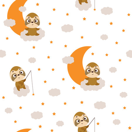 Cute little sloth sitting on cloud and fishing star seamless childish pattern. Funny cartoon animal character for fabric, wrapping, textile, wallpaper, apparel. vector illustration.のイラスト素材