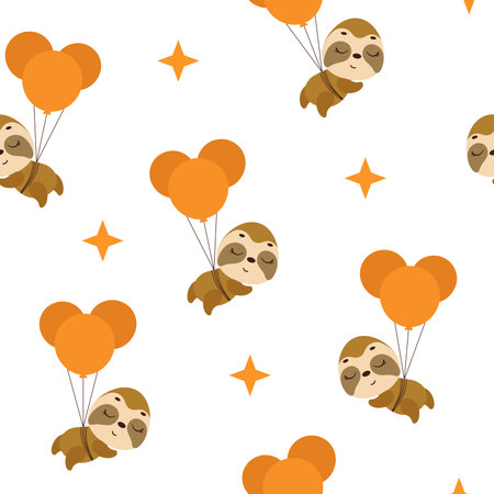 Cute little sloth flying on balloons seamless childish pattern. Funny cartoon animal character for fabric, wrapping, textile, wallpaper, apparel. vector illustration.のイラスト素材