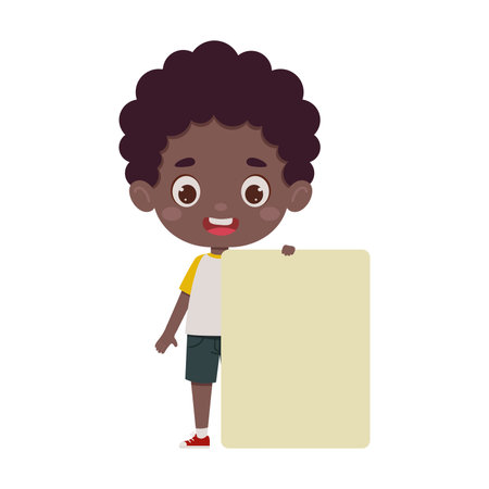 Cute little kid african boy with empty blank paper. cartoon child character. vector illustration.のイラスト素材