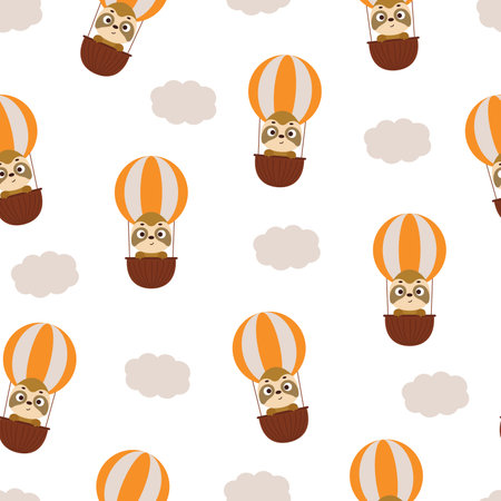 Cute little sloth flying on hot air balloon seamless childish pattern. Funny cartoon animal character for fabric, wrapping, textile, wallpaper, apparel. vector illustration.のイラスト素材