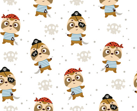 Cute little pirate sloth seamless childish pattern. Funny cartoon animal character for fabric, wrapping, textile, wallpaper, apparel. vector illustration.のイラスト素材
