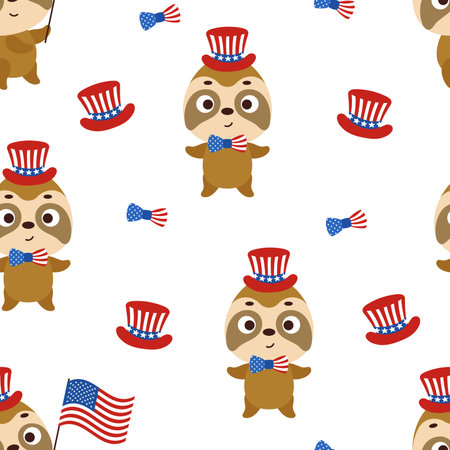 Cute little sloth in USA patriotic hat seamless childish pattern. Funny cartoon animal character for fabric, wrapping, textile, wallpaper, apparel. vector illustration.のイラスト素材
