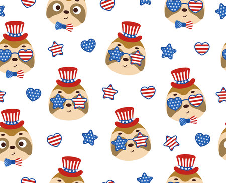 Cute little sloth head in USA patriotic hat seamless childish pattern. Funny cartoon animal character for fabric, wrapping, textile, wallpaper, apparel. vector illustration.のイラスト素材