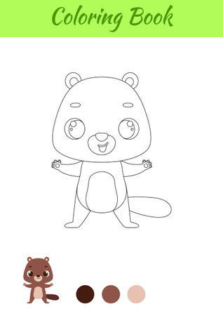 Coloring page happy beaver. Coloring book for kids. Educational activity for preschool years kids and toddlers with cute animal. Vector stock illustration.のイラスト素材