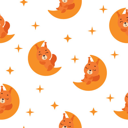 Cute little squirrel sleeping on moon seamless childish pattern. Funny cartoon animal character for fabric, wrapping, textile, wallpaper, apparel. Vector illustrationのイラスト素材