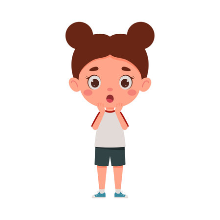 Cute cartoon little scary girl. Little schoolgirl character show facial expression. Vector illustrationのイラスト素材