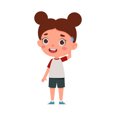Cute little kid girl confused. Cartoon schoolgirl character show facial expression. Vector illustrationのイラスト素材