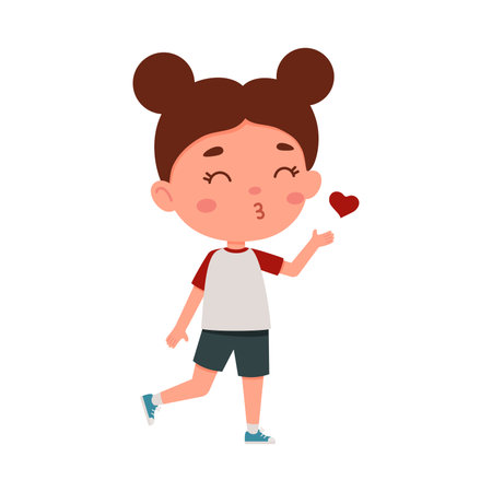 Cute little kid girl blowing a kiss. Cartoon schoolgirl character show facial expression. Vector illustrationのイラスト素材