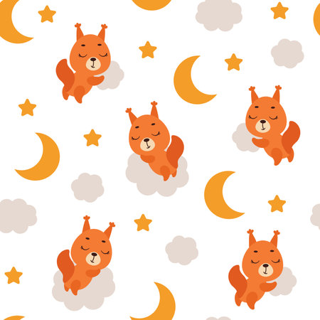 Cute little squirrel sitting on cloud and fishing star seamless childish pattern. Funny cartoon animal character for fabric, wrapping, textile, wallpaper, apparel. Vector illustrationのイラスト素材