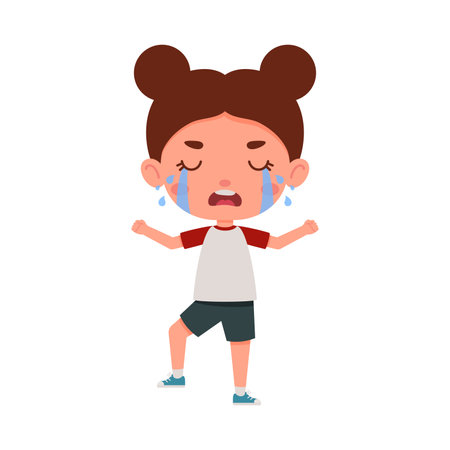 Cute little kid girl cry. Cartoon schoolgirl character show facial expression. Vector illustrationのイラスト素材