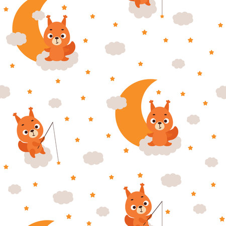Cute little squirrel sleeping on cloud seamless childish pattern. Funny cartoon animal character for fabric, wrapping, textile, wallpaper, apparel. Vector illustrationのイラスト素材