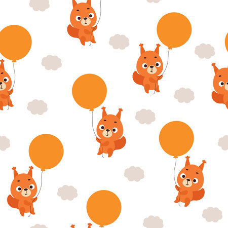 Cute little squirrel flying on balloon seamless childish pattern. Funny cartoon animal character for fabric, wrapping, textile, wallpaper, apparel. Vector illustrationのイラスト素材