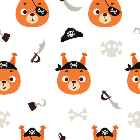 Cute little pirate squirrel head seamless childish pattern. Funny cartoon animal character for fabric, wrapping, textile, wallpaper, apparel. Vector illustrationのイラスト素材
