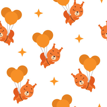 Cute little squirrel flying on balloons seamless childish pattern. Funny cartoon animal character for fabric, wrapping, textile, wallpaper, apparel. Vector illustrationのイラスト素材