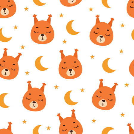 Cute little slipping squirrel head seamless childish pattern. Funny cartoon animal character for fabric, wrapping, textile, wallpaper, apparel. Vector illustrationのイラスト素材