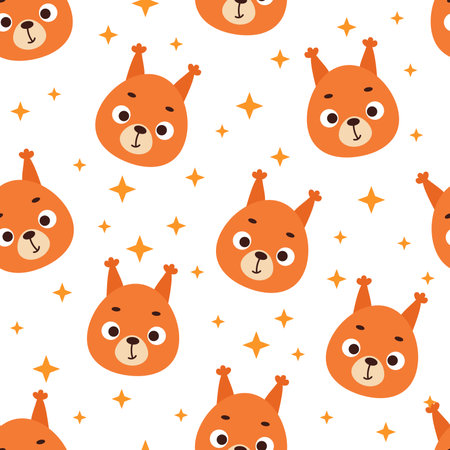 Cute little squirrel head seamless childish pattern. Funny cartoon animal character for fabric, wrapping, textile, wallpaper, apparel. Vector illustrationのイラスト素材