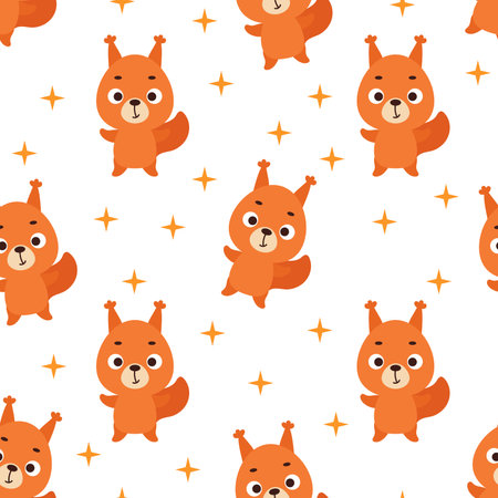 Cute little squirrel seamless childish pattern. Funny cartoon animal character for fabric, wrapping, textile, wallpaper, apparel. Vector illustrationのイラスト素材