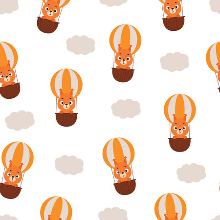Cute little squirrel flying on hot air balloon seamless childish pattern. Funny cartoon animal character for fabric, wrapping, textile, wallpaper, apparel. Vector illustrationのイラスト素材
