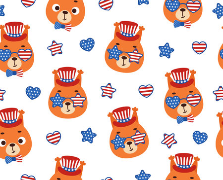 Cute little squirrel head in USA patriotic hat seamless childish pattern. Funny cartoon animal character for fabric, wrapping, textile, wallpaper, apparel. Vector illustrationのイラスト素材