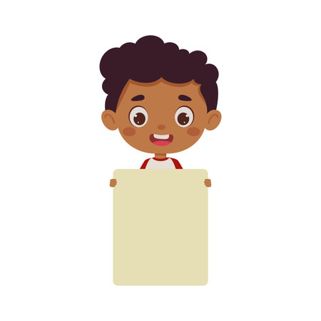Cute little kid boy holding empty blank board. cartoon child character. vector illustration.のイラスト素材