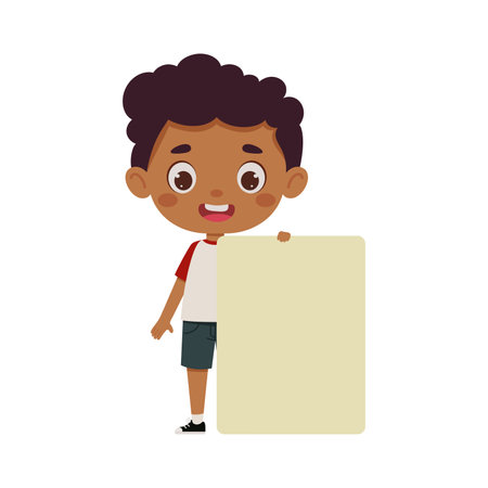 Cute little kid boy with empty blank paper. cartoon child character. vector illustration.のイラスト素材