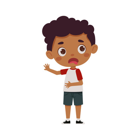 Cute little kid boy feeling disgusted. Cartoon schoolboy character show facial expression. vector illustration.のイラスト素材