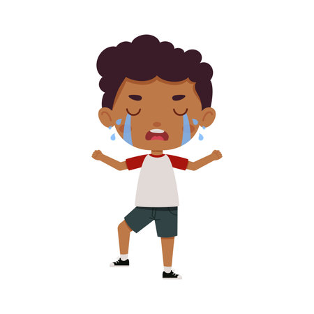 Cute little kid boy cry. Cartoon schoolboy character show facial expression. vector illustration.のイラスト素材