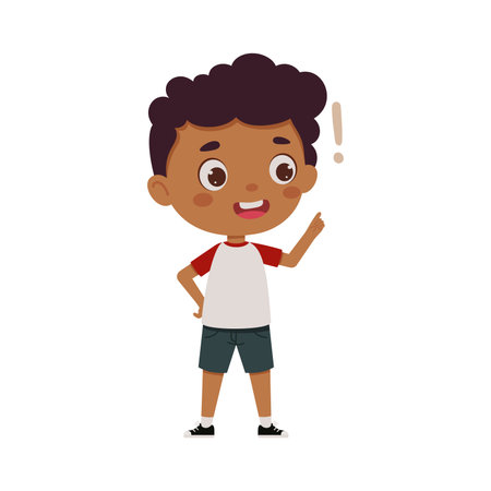 Cute little kid boy with great idea. Cartoon schoolboy character show facial expression. vector illustration.のイラスト素材
