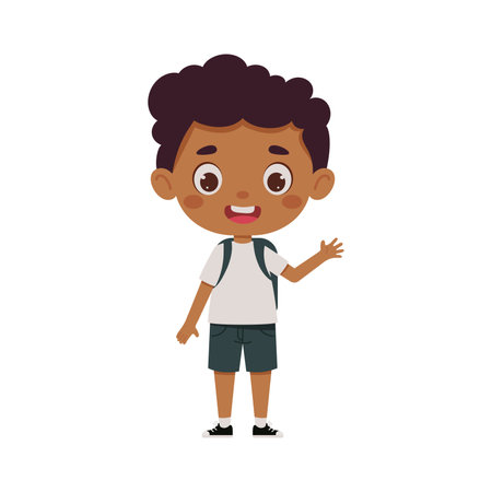 Cute cartoon little boy with the backpack waving his hand hello. little schoolboy character. vector illustration.のイラスト素材