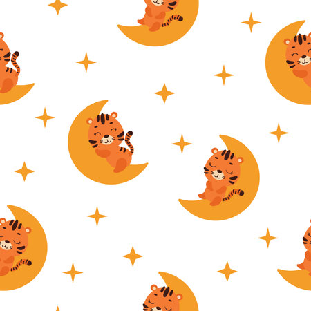 Cute little tiger sleeping on moon seamless childish pattern. Funny cartoon animal character for fabric, wrapping, textile, wallpaper, apparel. vector illustration.のイラスト素材