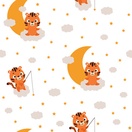 Cute little tiger sitting on cloud and fishing star seamless childish pattern. Funny cartoon animal character for fabric, wrapping, textile, wallpaper, apparel. vector illustration.のイラスト素材
