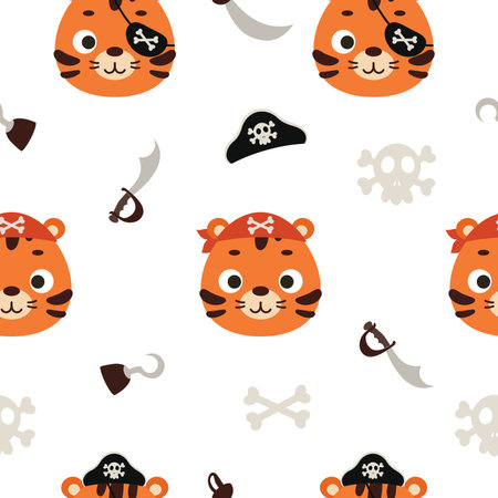Cute little pirate tiger head seamless childish pattern. Funny cartoon animal character for fabric, wrapping, textile, wallpaper, apparel. vector illustration.のイラスト素材
